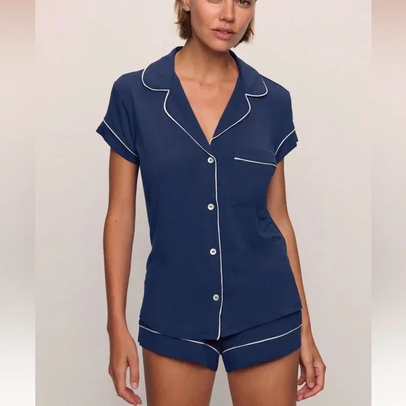 Eberjey Gisele Tencel Modal Shortie PJ Pajamas Set In Navy Ivory Medium - Picture 1 of 5